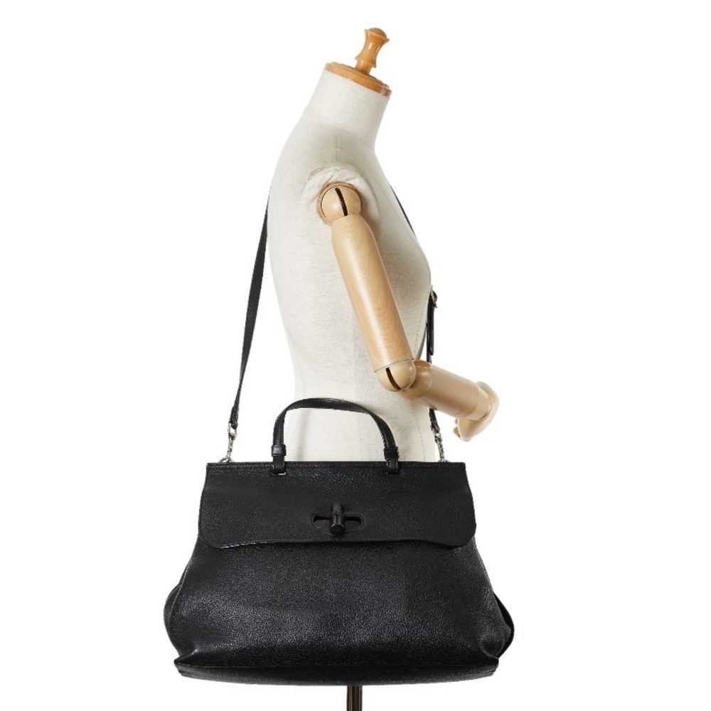 Gucci Daily Leather 2WAY Shoulder Bag Bamboo Tote Black Bag - Picture 11 of 11